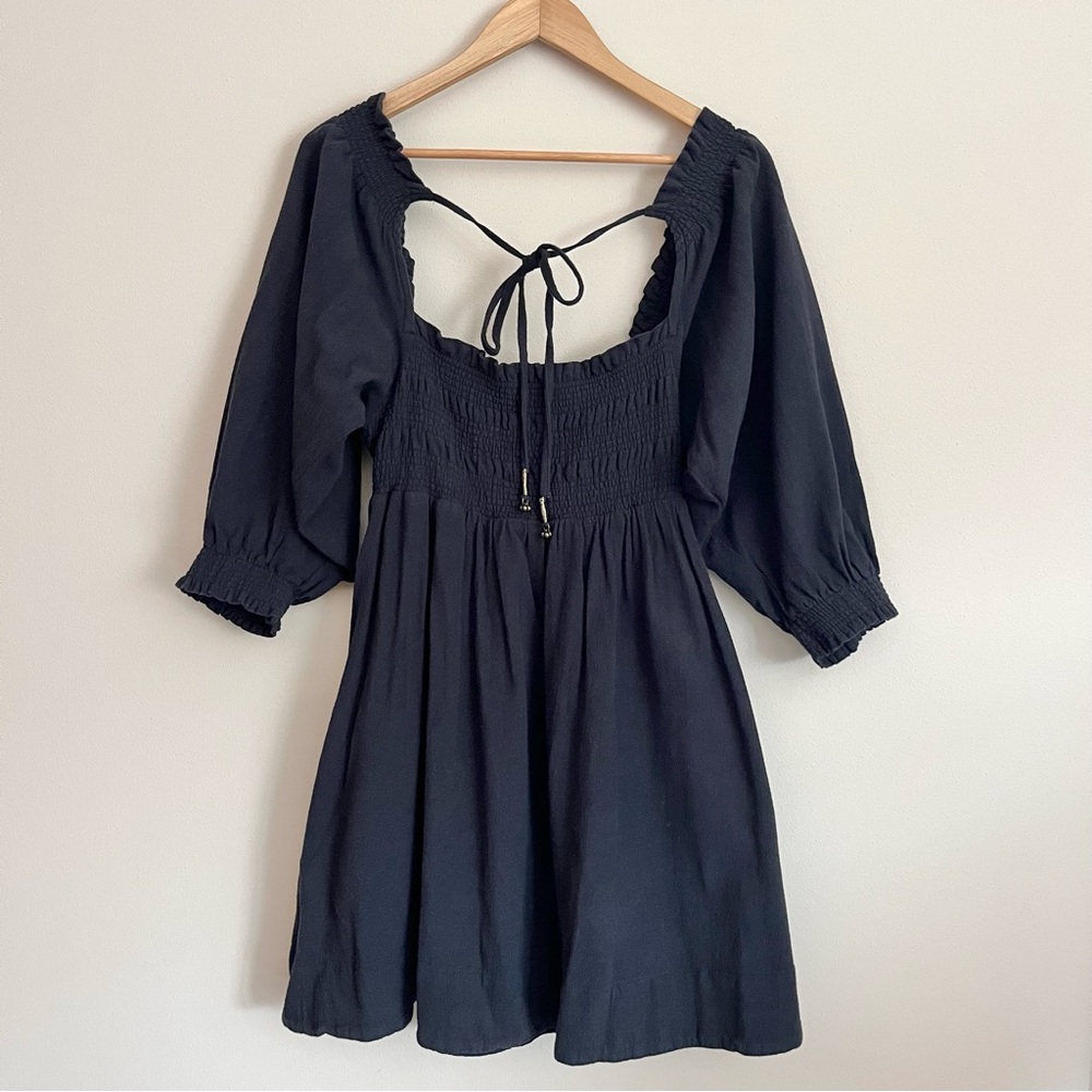 Free People This is Everything Mini Dress Black Smocked Tie Back Puff Sleeves S